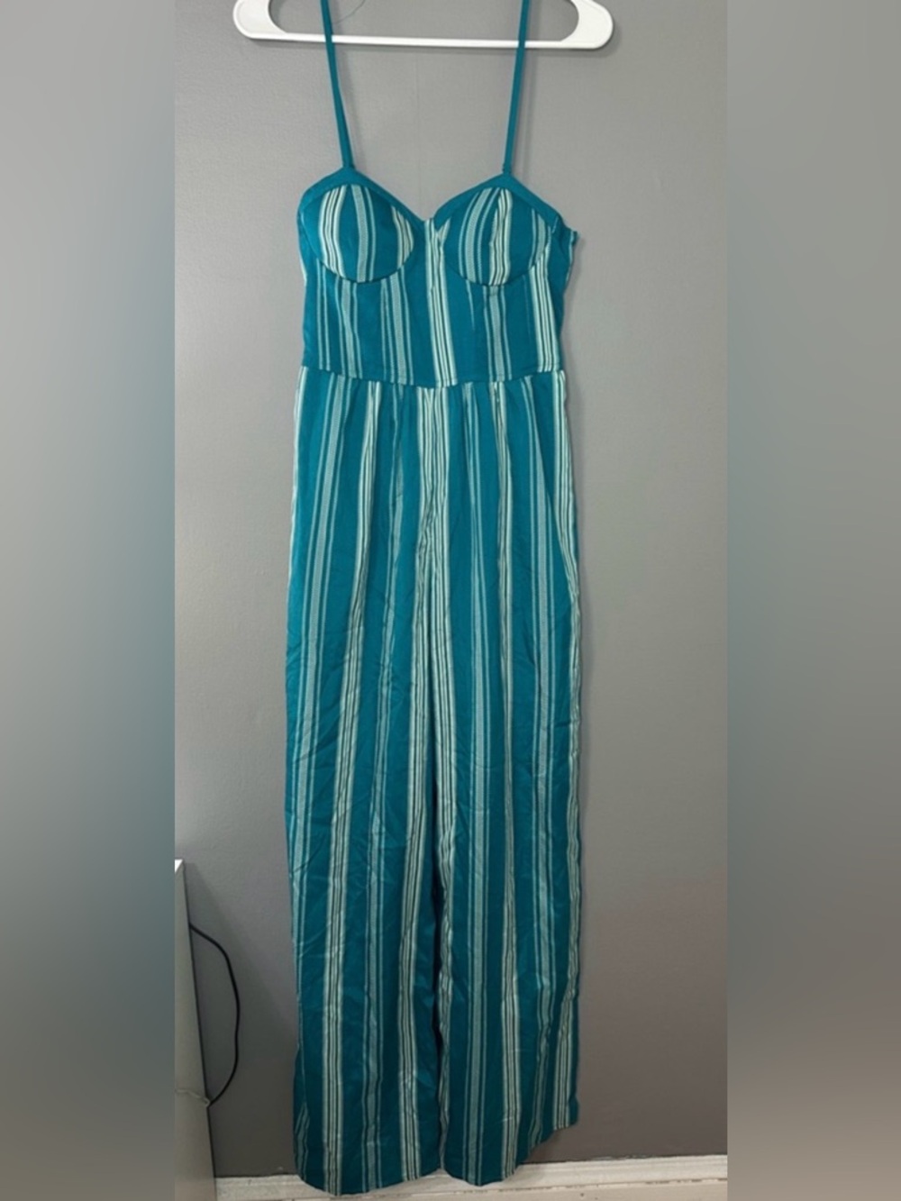 Band of Gypsies Teal and White Striped Strapless Jumpsuit